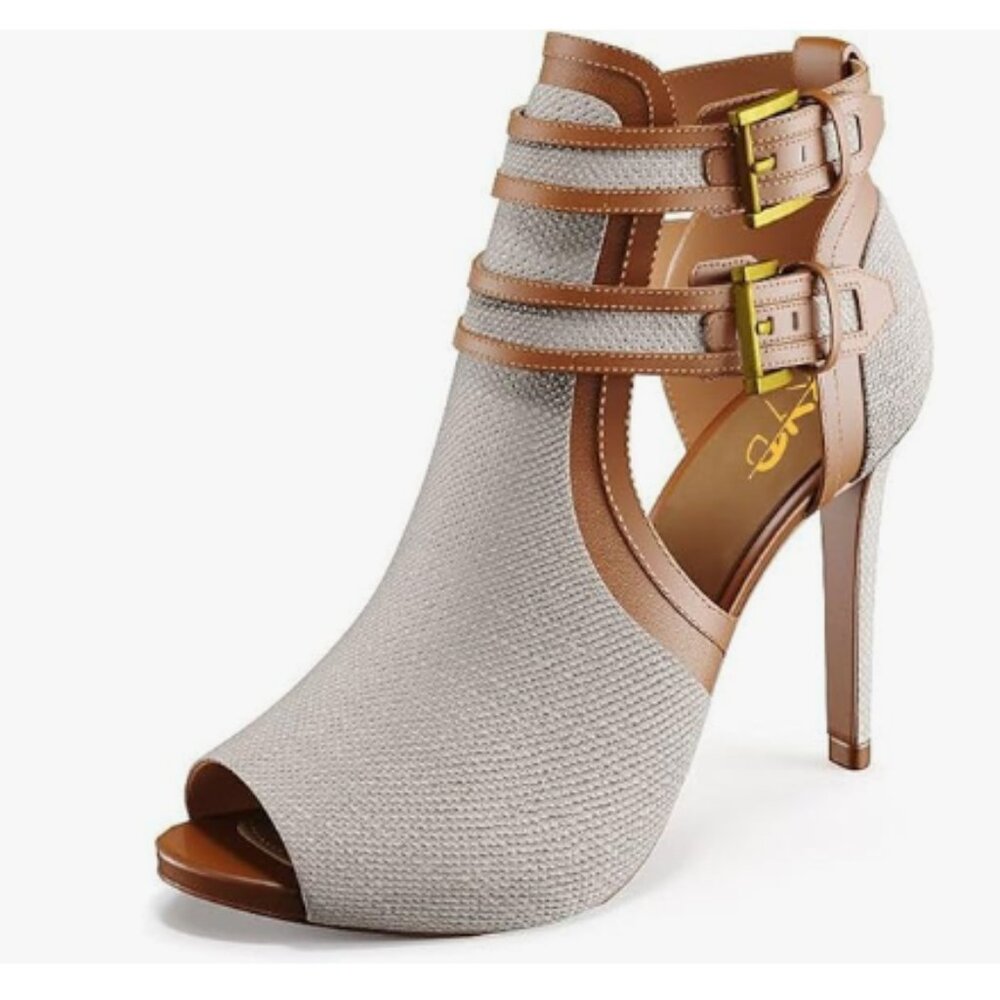 XYD Gainsboro-brown Peep Toe Sandal Ankle Boot Dual Buckled Straps Cutout Pumps